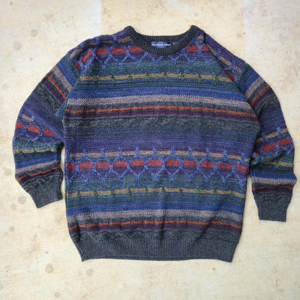 VTG Northern Isles Sweater Multi Color Men Large Geometric Knit Crewneck USA EUC
